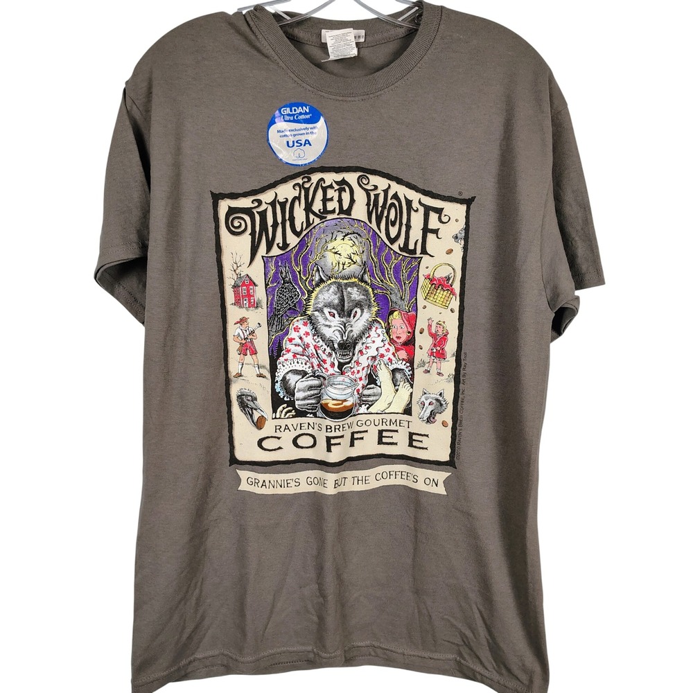 NWT Gildan Mens M Wicked Wolf Raven's Brew Coffee Tee Grey Cotton Gorpcore Art